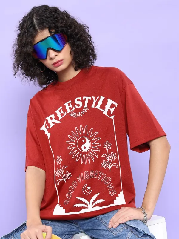  Tokyo Talkies Women Terracotta Printed Round Neck T-Shirts