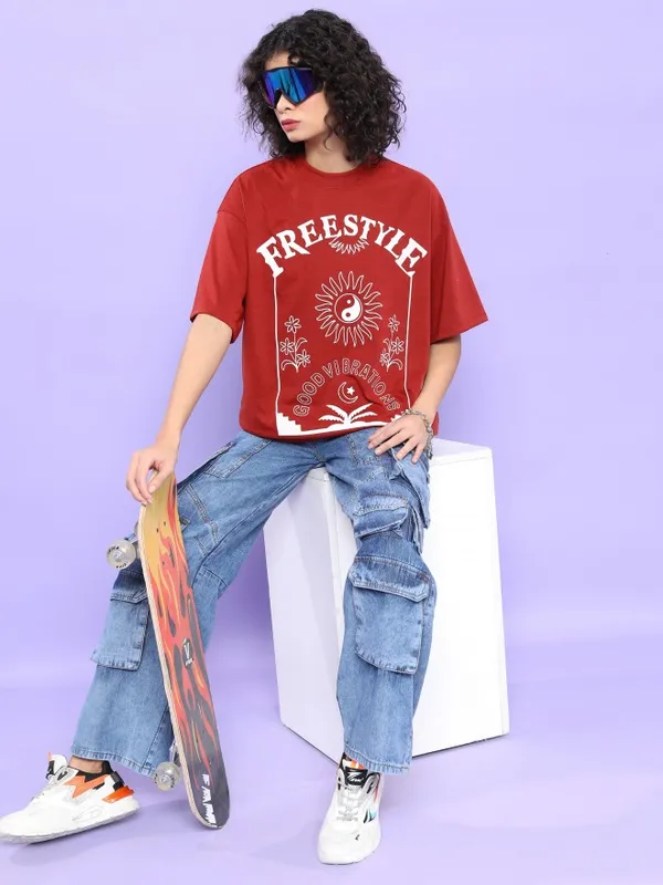  Tokyo Talkies Women Terracotta Printed Round Neck T-Shirts