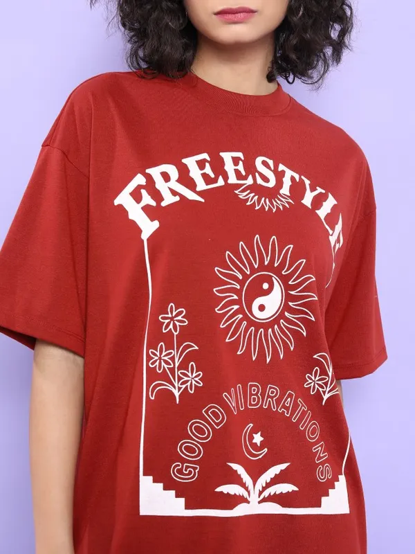  Tokyo Talkies Women Terracotta Printed Round Neck T-Shirts