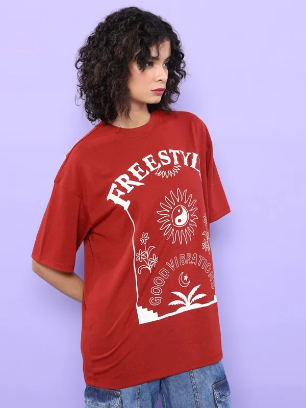  Tokyo Talkies Women Terracotta Printed Round Neck T-Shirts