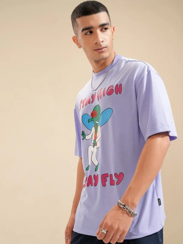 Highlander Men Lavender Printed Oversized Fit T-Shirt