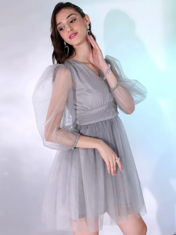 Tokyo Talkies Women Grey Solid Fit And Flare Dress