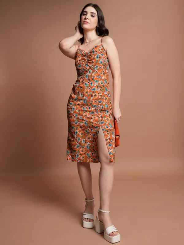 Tokyo Talkies Women Orange Printed Fit And Flare Dress