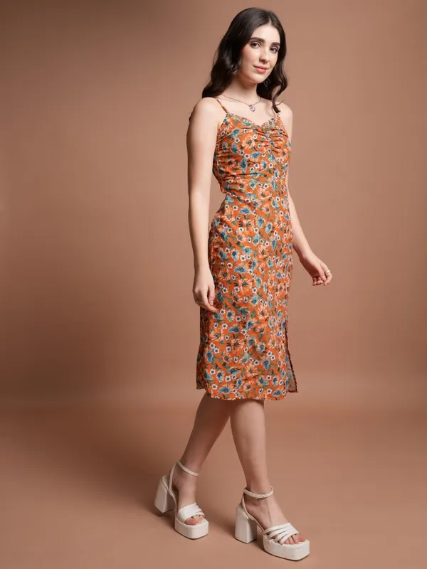 Tokyo Talkies Women Orange Printed Fit And Flare Dress