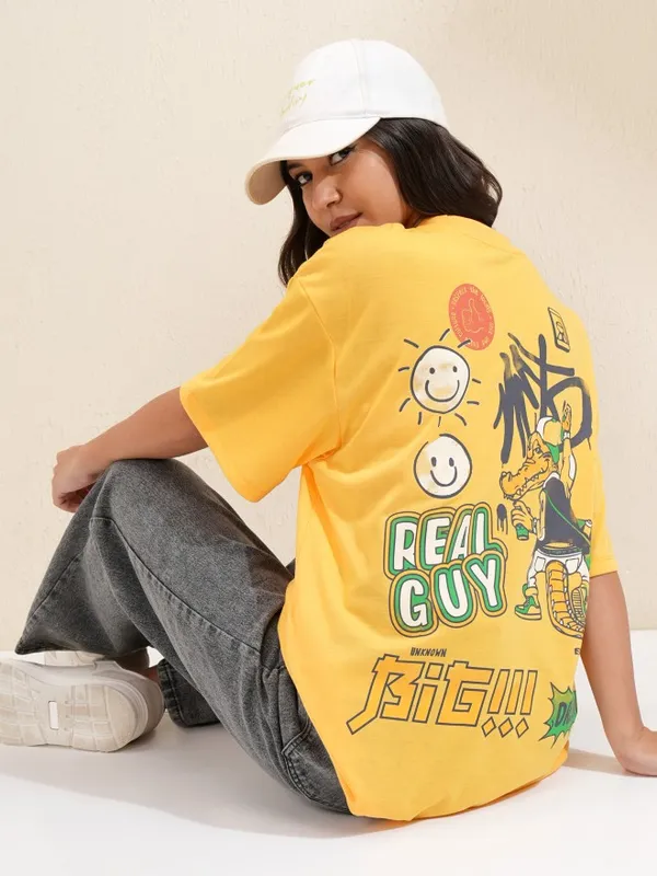 Tokyo Talkies Women Yellow Printed Round Neck Oversized Fit T-Shirt