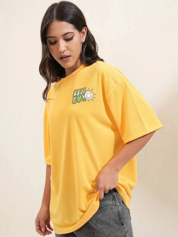 Tokyo Talkies Women Yellow Printed Round Neck Oversized Fit T-Shirt