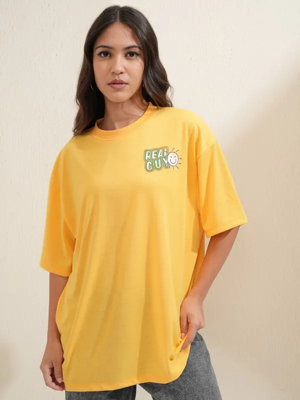 Tokyo Talkies Women Yellow Printed Round Neck Oversized Fit T-Shirt