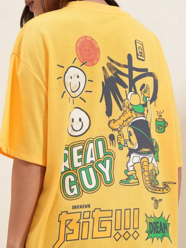 Tokyo Talkies Women Yellow Printed Round Neck Oversized Fit T-Shirt