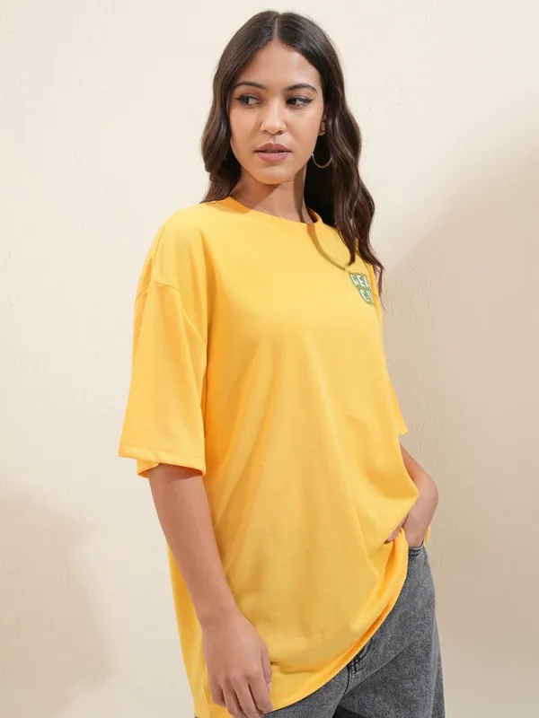 Tokyo Talkies Women Yellow Printed Round Neck Oversized Fit T-Shirt