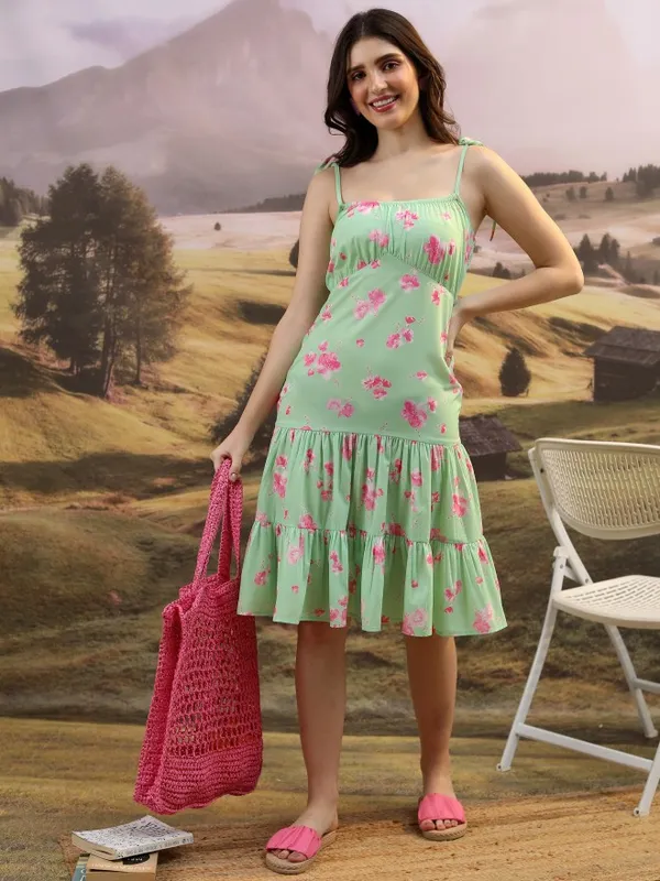 Tokyo Talkies Women Green Printed Drop-Waist Dress