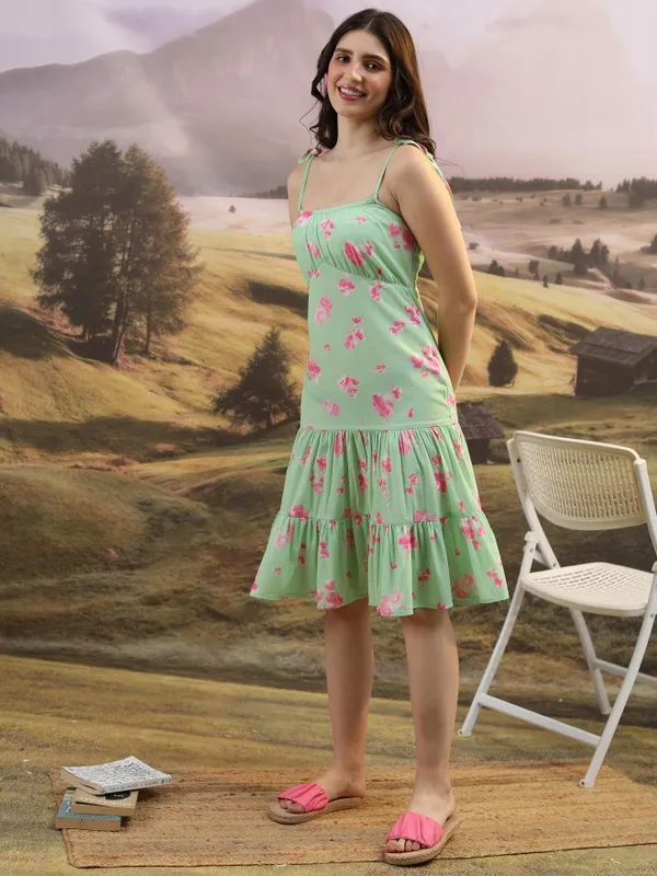 Tokyo Talkies Women Green Printed Drop-Waist Dress