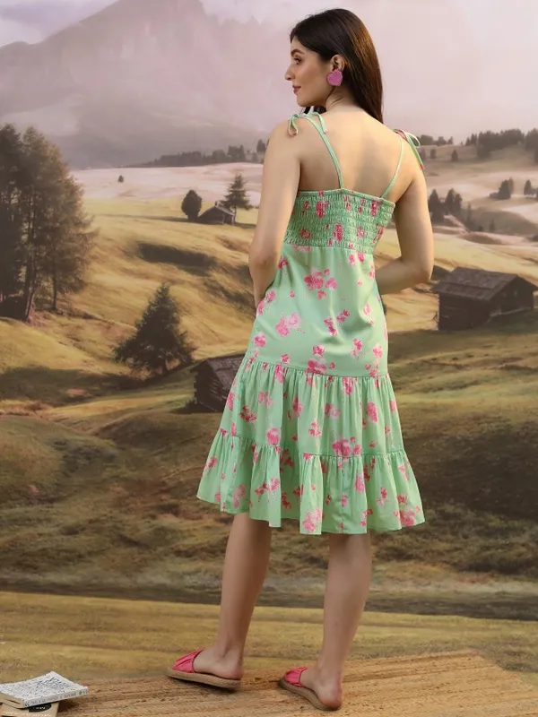 Tokyo Talkies Women Green Printed Drop-Waist Dress