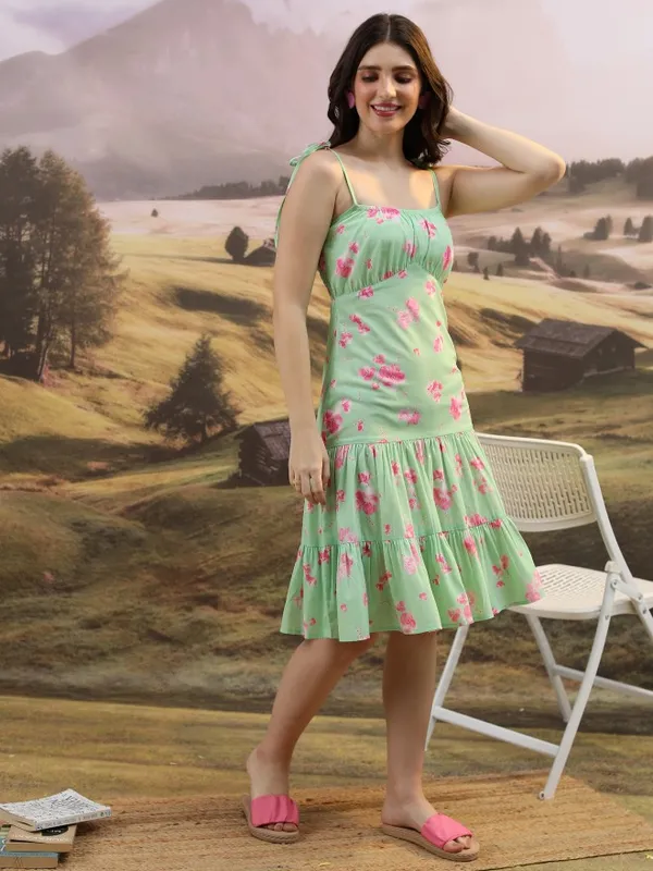Tokyo Talkies Women Green Printed Drop-Waist Dress