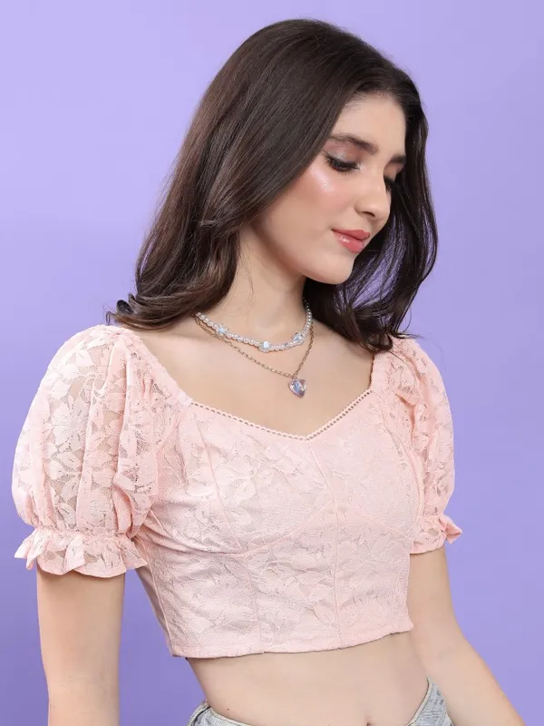 Tokyo Talkies Women Pink Self Design Fitted Top