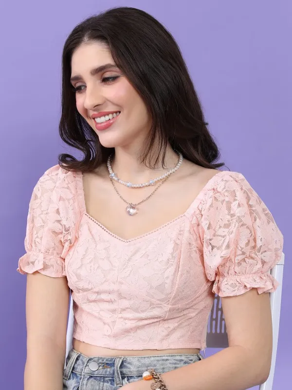  Tokyo Talkies Women Pink Self Design Fitted Tops