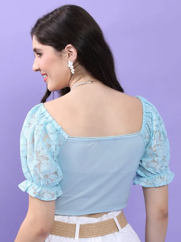 Tokyo Talkies Women Blue Self Design Fitted Top