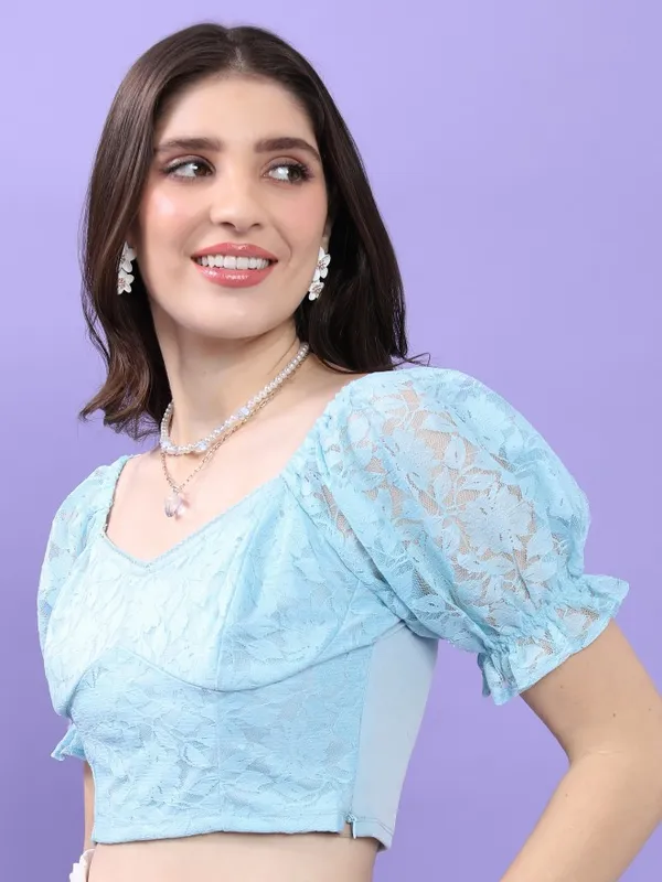 Tokyo Talkies Women Blue Self Design Fitted Top