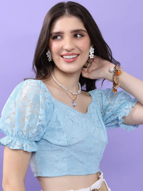 Tokyo Talkies Women Blue Self Design Fitted Top