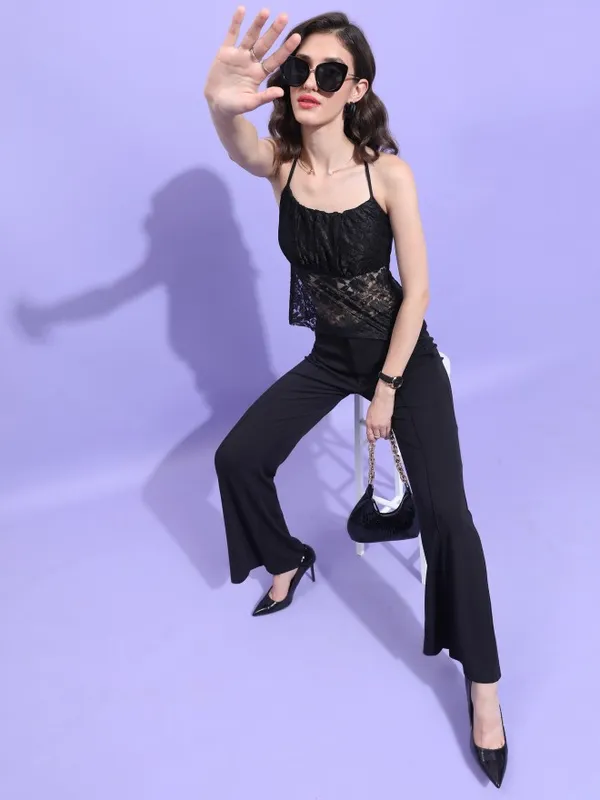  Tokyo Talkies Women Black Self Design Fitted Tops