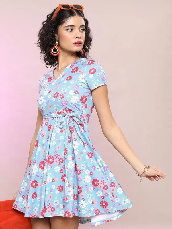 Tokyo Talkies Women Blue Printed Wrap Dress