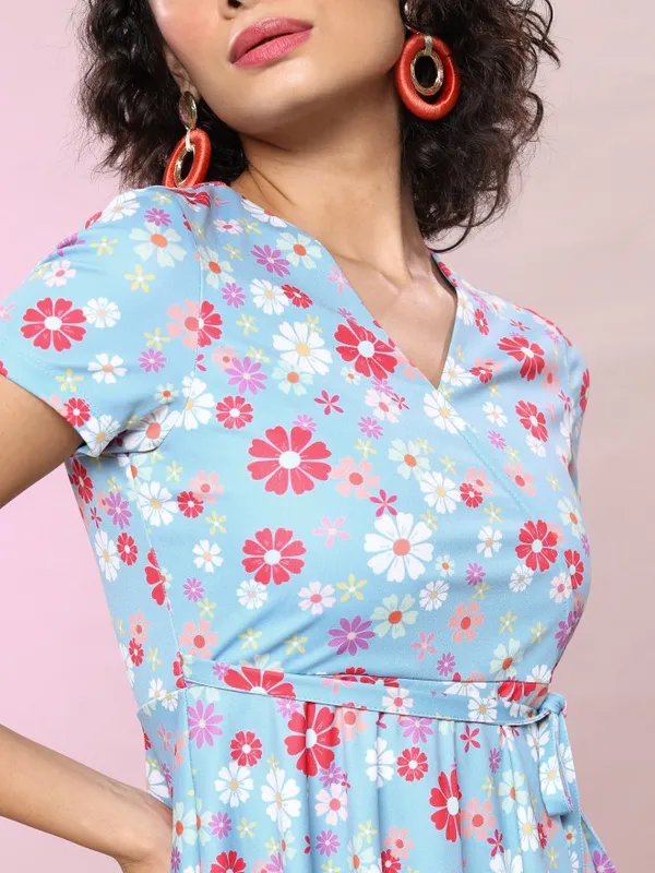 Tokyo Talkies Women Blue Printed Wrap Dress