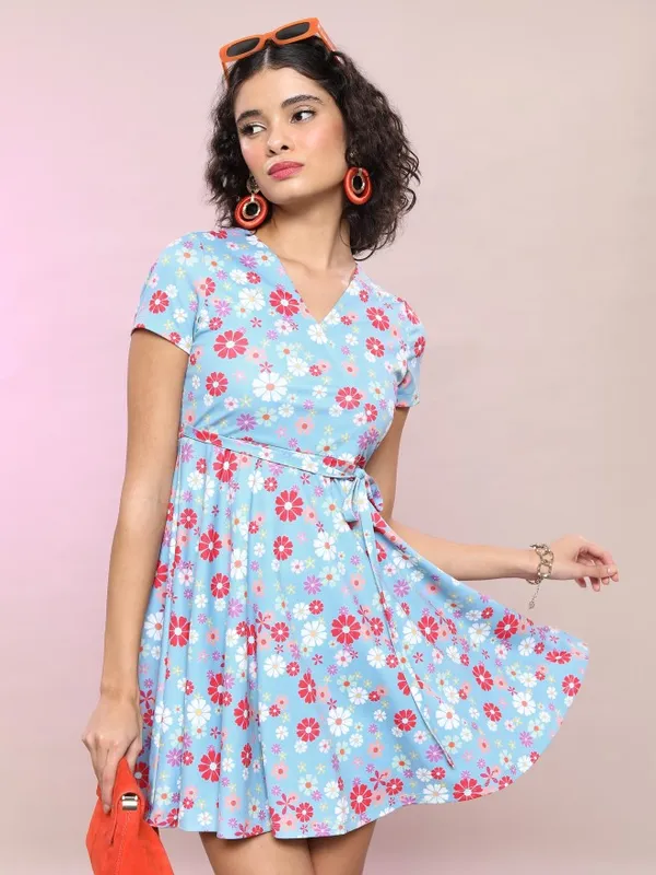  Tokyo Talkies Women Blue Printed Wrap Dresses