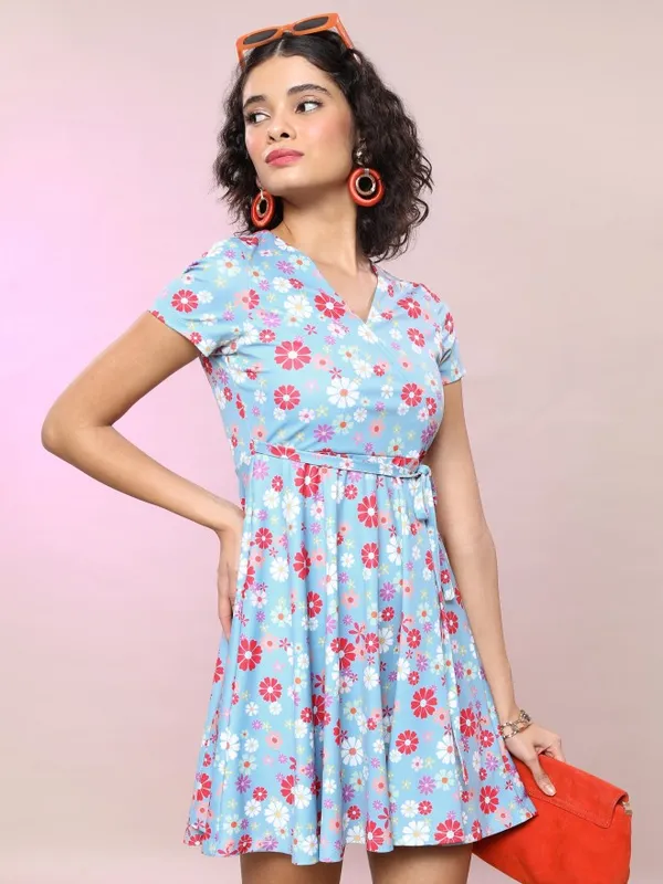  Tokyo Talkies Women Blue Printed Wrap Dresses