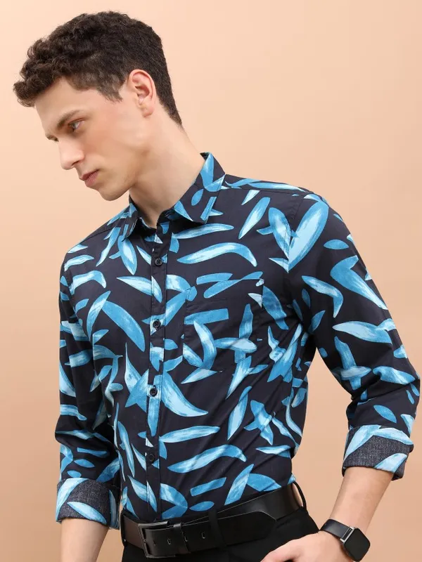  Ketch Men Black Printed Slim Fit Casual Shirts