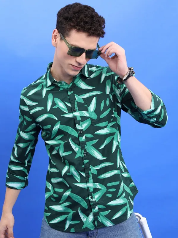  Ketch Men Green Printed Slim Fit Casual Shirts