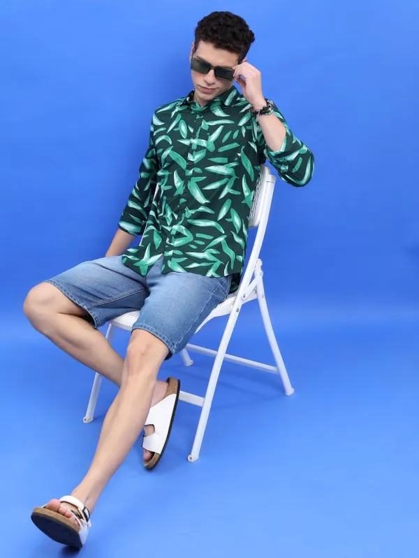  Ketch Men Green Printed Slim Fit Casual Shirts