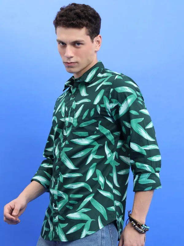  Ketch Men Green Printed Slim Fit Casual Shirts