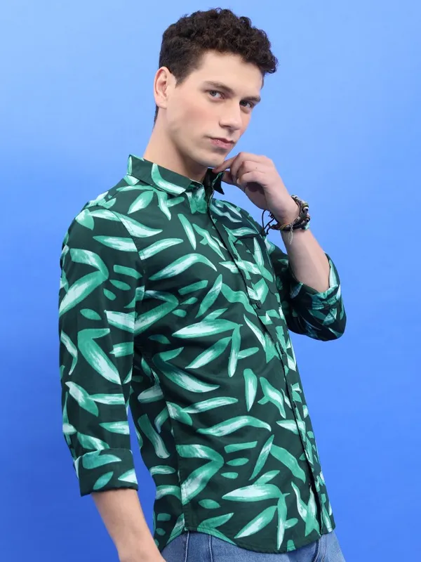  Ketch Men Green Printed Slim Fit Casual Shirts