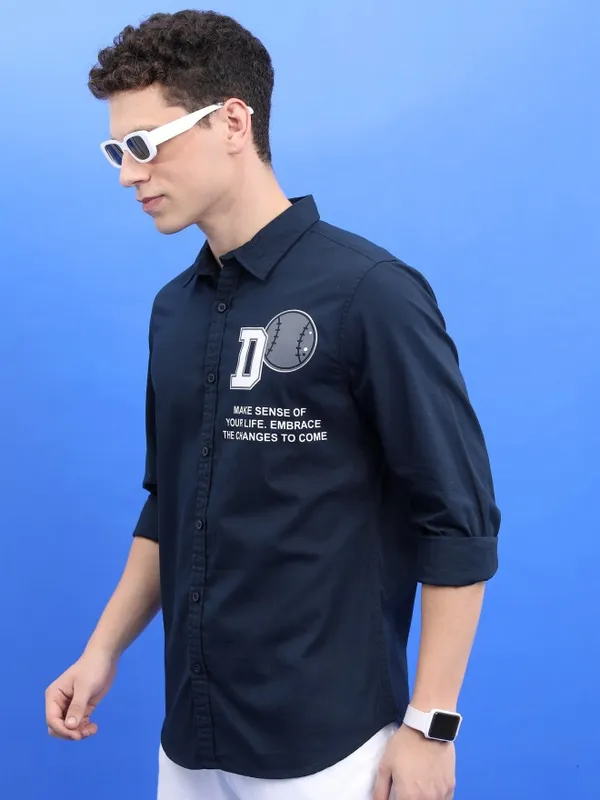  Ketch Men Navy Blue Printed Slim Fit Casual Shirts