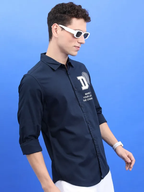  Ketch Men Navy Blue Printed Slim Fit Casual Shirts