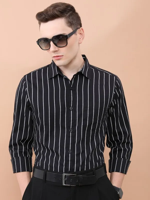  Ketch Men Black Striped Slim Fit Casual Shirts