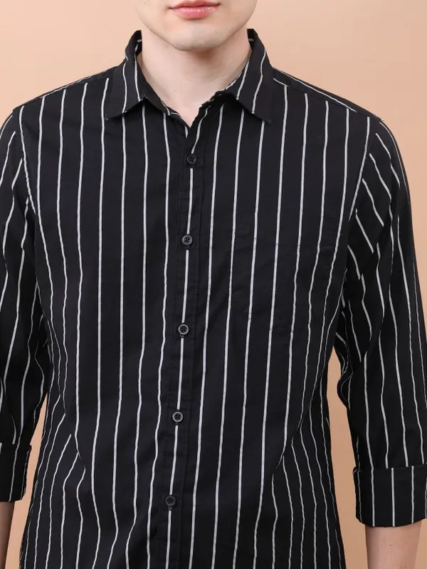  Ketch Men Black Striped Slim Fit Casual Shirts