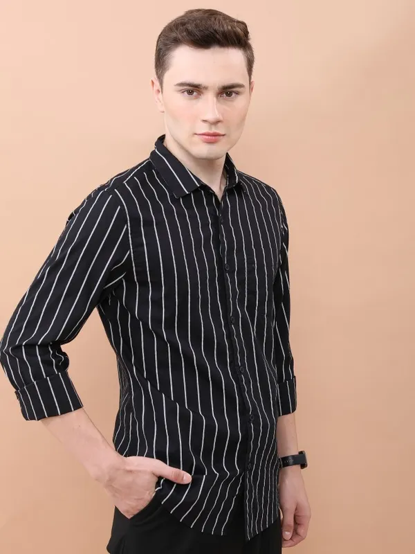  Ketch Men Black Striped Slim Fit Casual Shirts