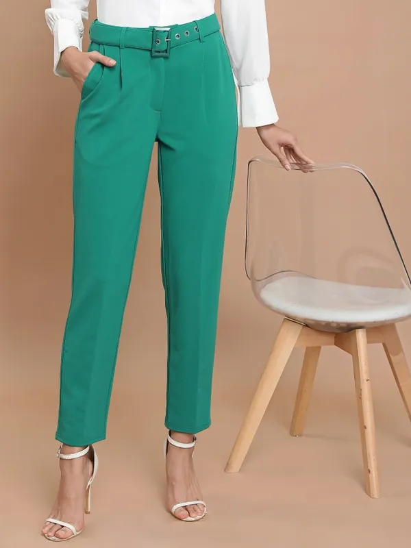  Ketch Women Green Solid Slim Fit Casual Trousers