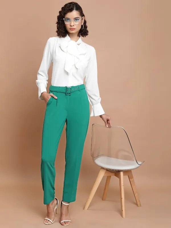  Ketch Women Green Solid Slim Fit Casual Trousers