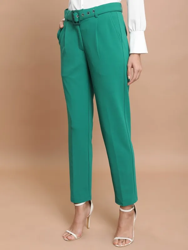  Ketch Women Green Solid Slim Fit Casual Trousers
