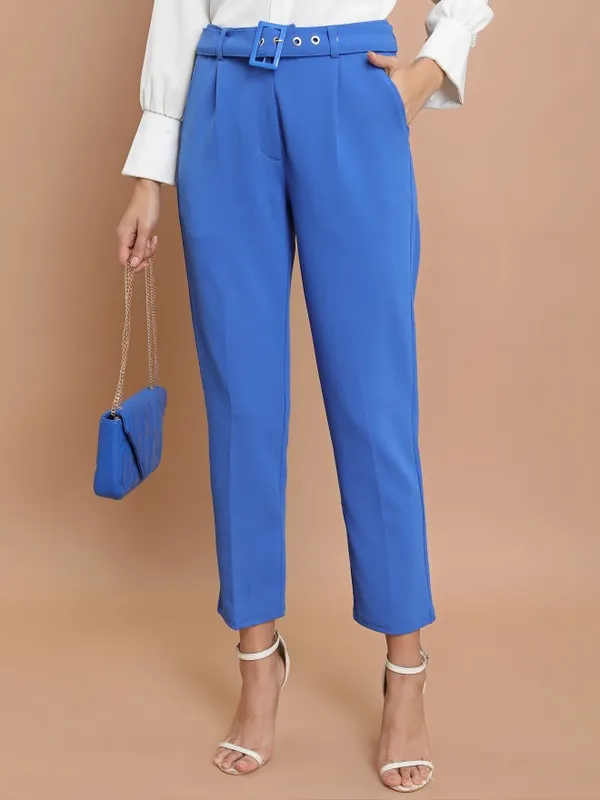  Ketch Women Blue Solid Slim Fit Casual Trousers