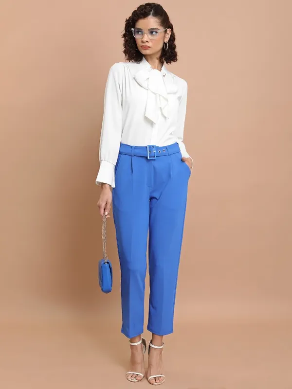 Ketch Women Blue Solid Slim Fit Casual Trousers