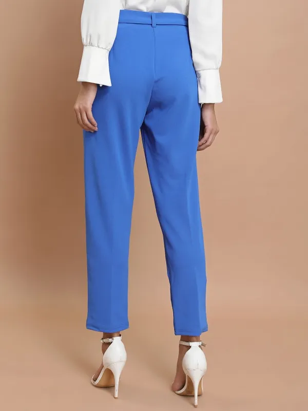  Ketch Women Blue Solid Slim Fit Casual Trousers