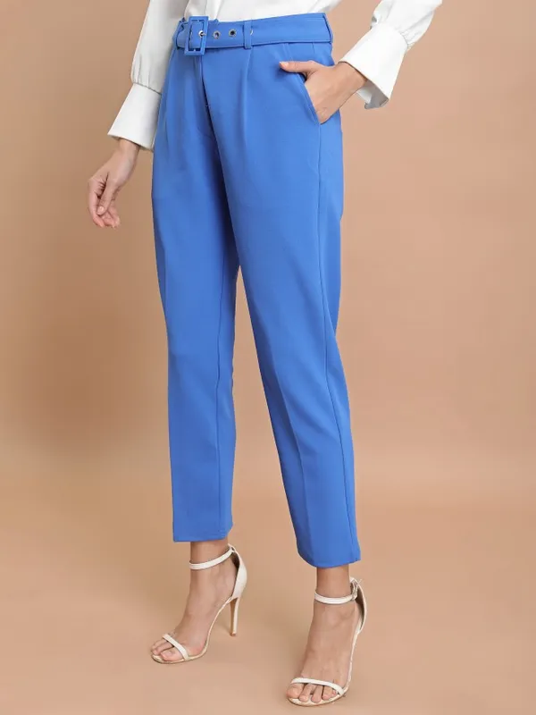  Ketch Women Blue Solid Slim Fit Casual Trousers