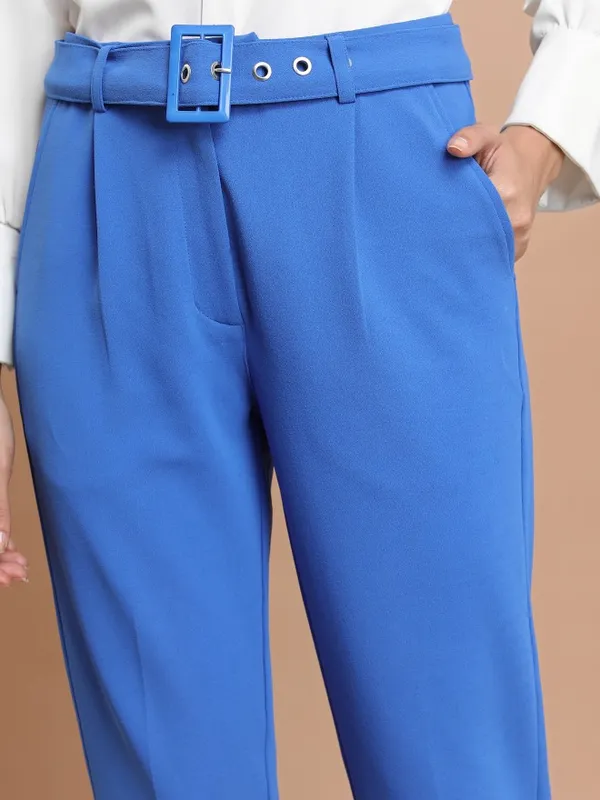  Ketch Women Blue Solid Slim Fit Casual Trousers