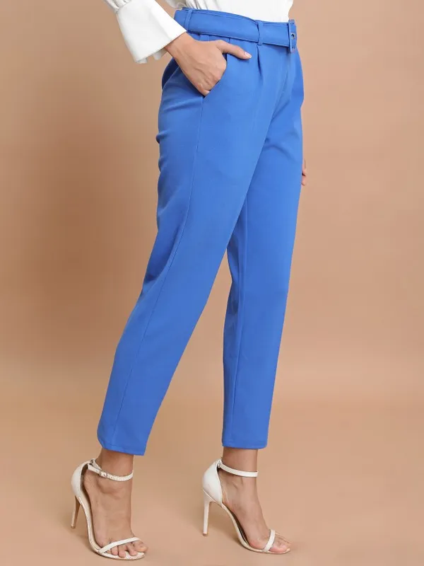  Ketch Women Blue Solid Slim Fit Casual Trousers