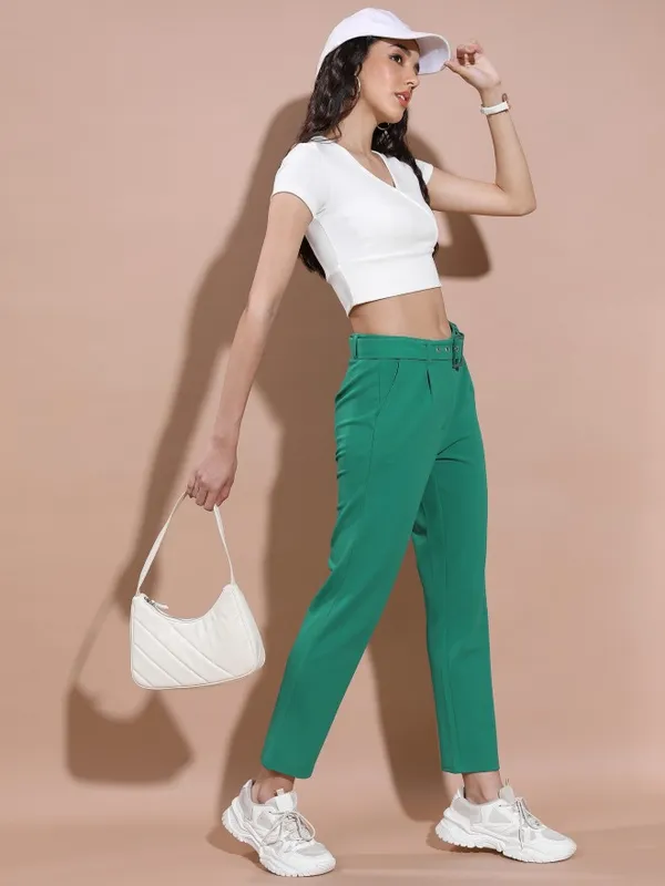  Tokyo Talkies Women Teal Solid Regular Fit Casual Trousers
