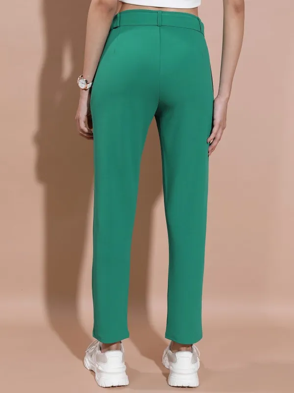  Tokyo Talkies Women Teal Solid Regular Fit Casual Trousers