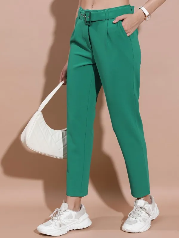  Tokyo Talkies Women Teal Solid Regular Fit Casual Trousers