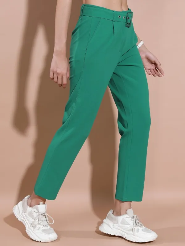 Tokyo Talkies Women Teal Solid Regular Fit Casual Trousers